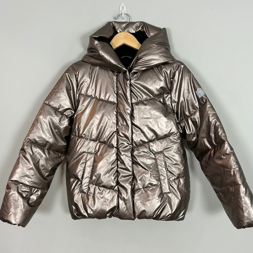 Abercrombie Puffer Jacket Metallic Bronze Faux Fur Lined Girls Size 13/14